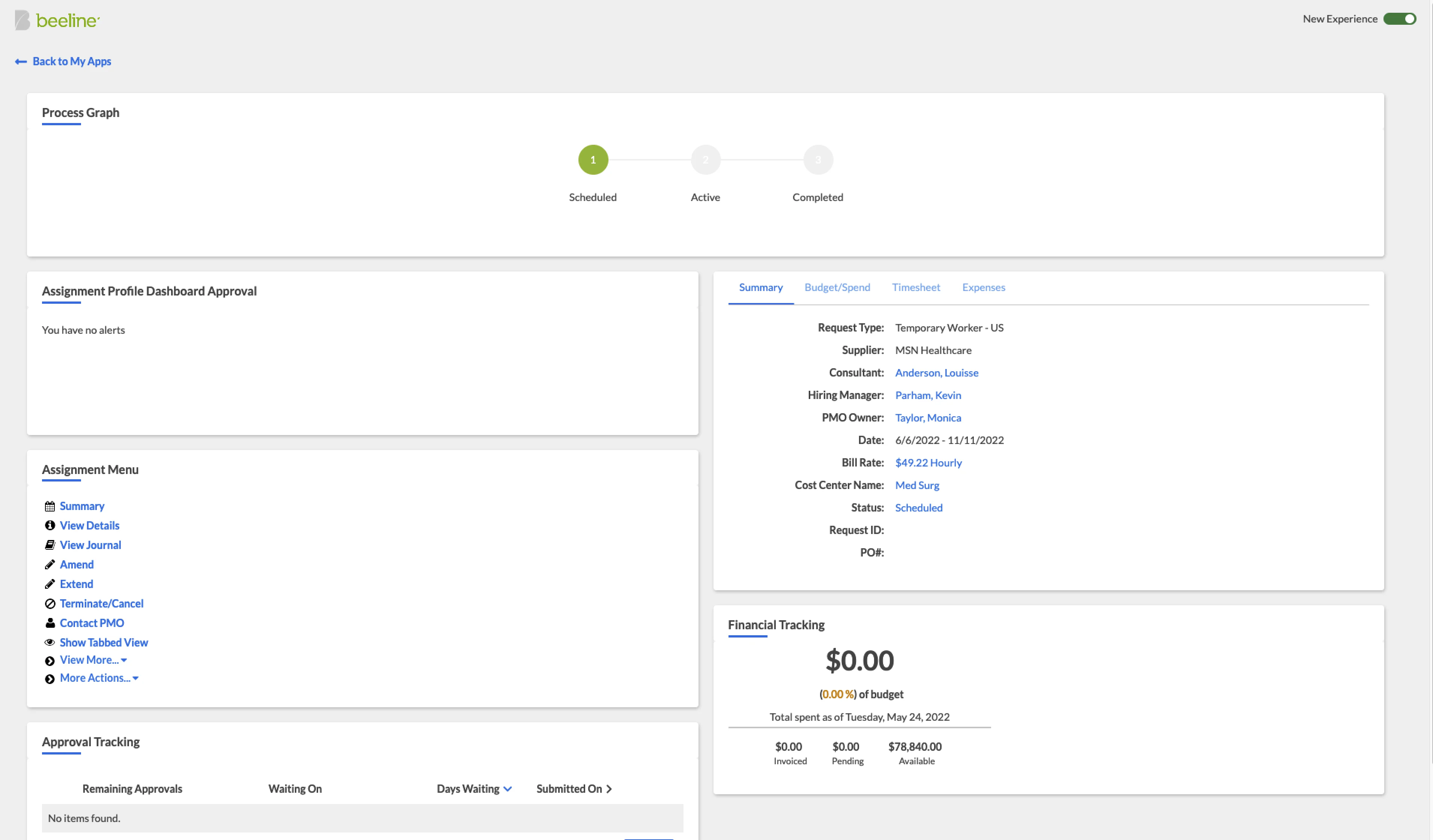 Legacy Beeline assignment detail page showing the pre-redesign experience — tab-heavy Assignment Menu with 10+ nested actions, no clear navigation hierarchy, and financial tracking buried below the fold