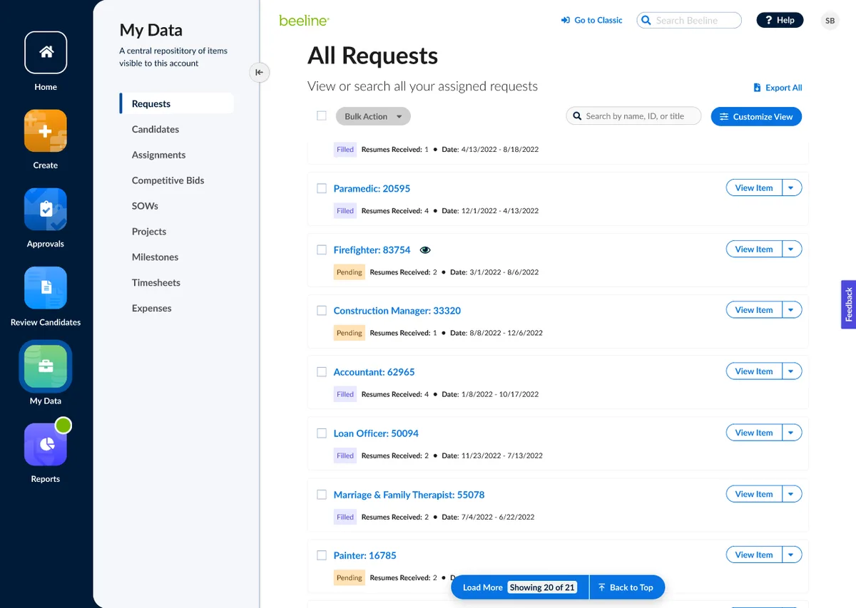 Beeline HMX "All Requests" list view showing the pre-redesign layout — a flat list of job requisitions with status badges and a hard-paginated footer that required full page reloads to browse entries