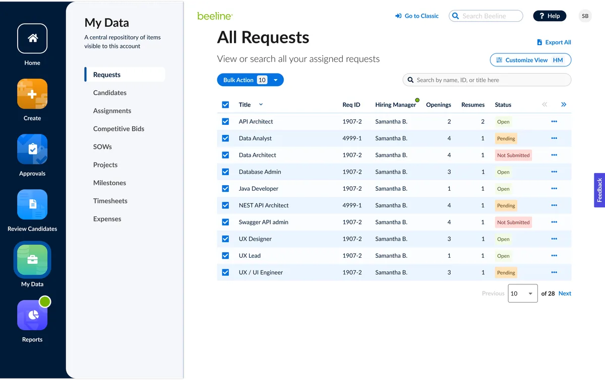 Redesigned All Assignments table view in Beeline HMX — stable categorical left-nav, sortable columns for Title, Req ID, Hiring Manager, Openings, Resumes, and Status, with a Customize View panel preserving admin configuration
