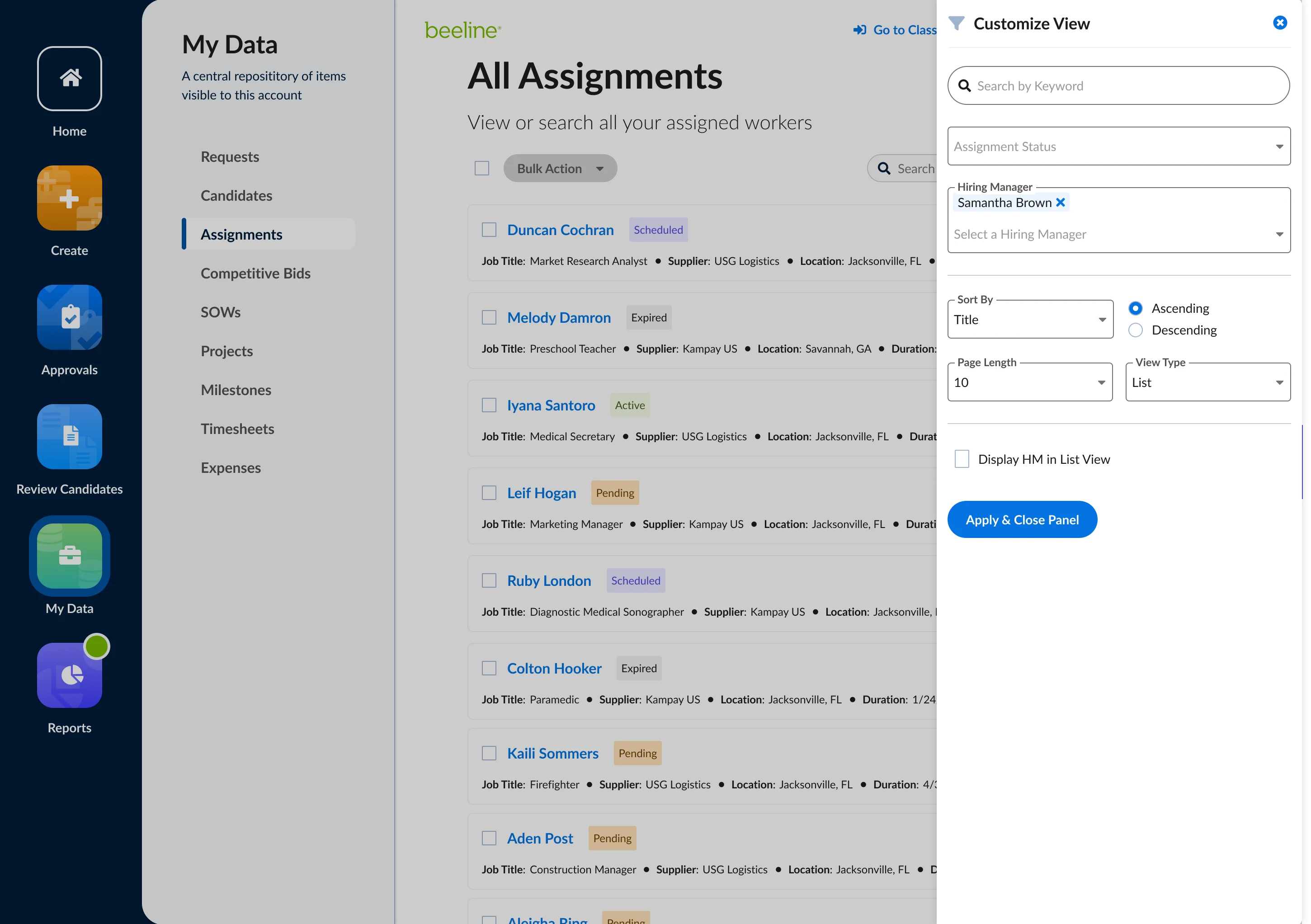 Customize View panel in Beeline HMX showing admin-controlled filter, sort, and display options — the configuration layer that sits above the stable entity structure, giving clients terminology control without breaking user orientation