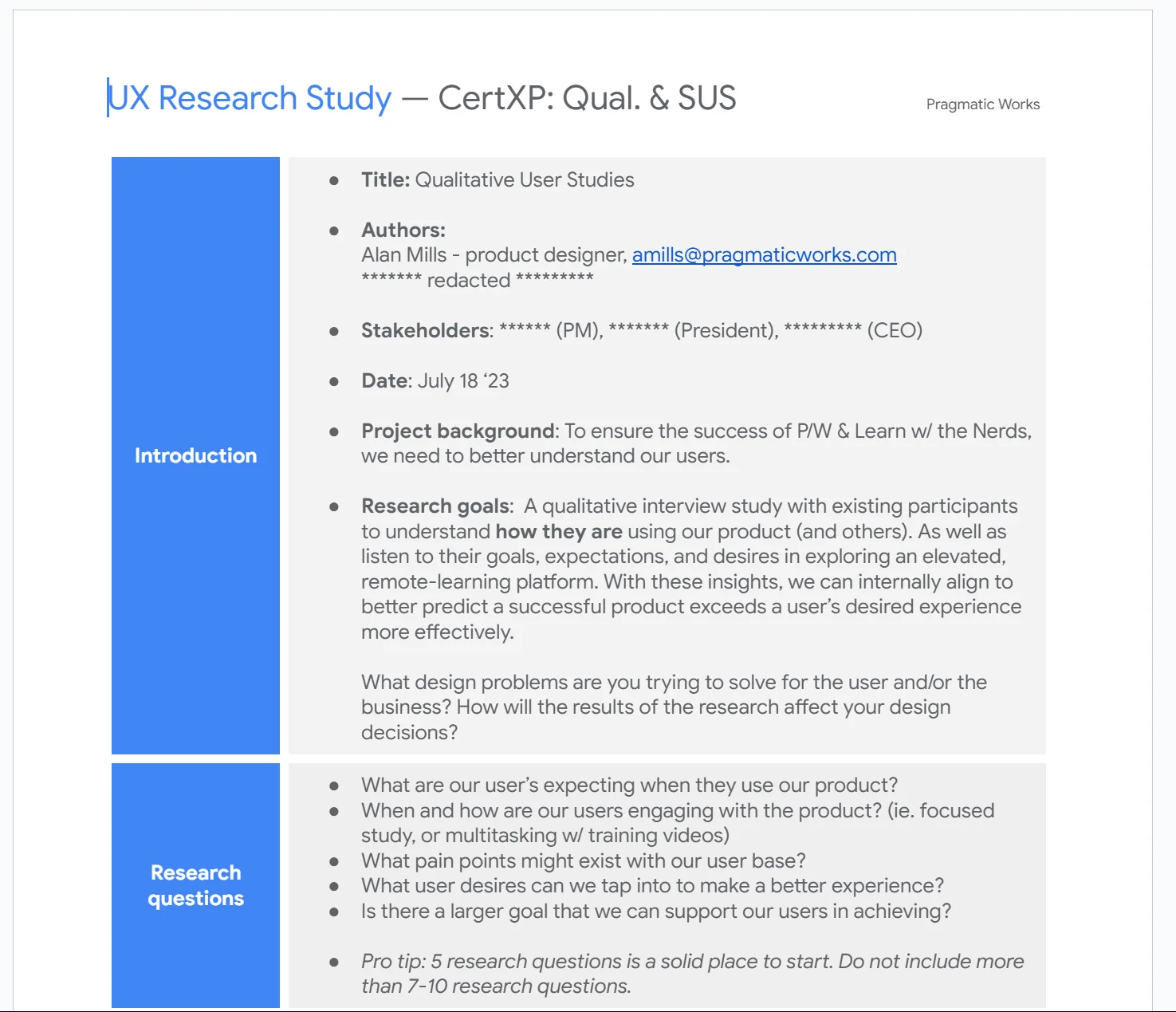 Qualitative user study plan for CertXP showing structured research questions about learner motivations, pain points, and user goals on the Pragmatic Works platform