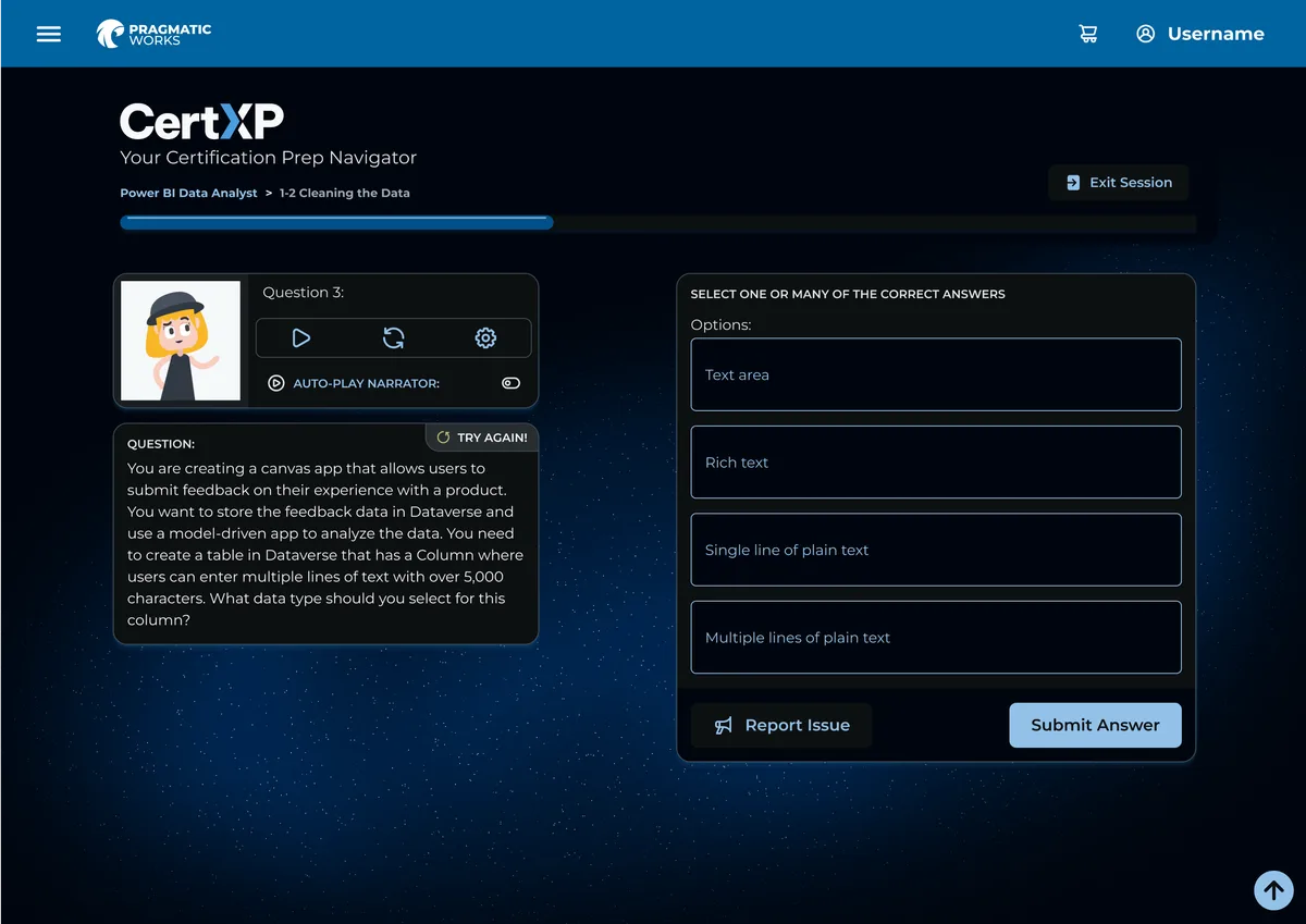 Shipped CertXP quiz screen — dark space-themed background, animated character narrator on the left, certification practice question with multiple-choice answers and audio/replay controls on the right