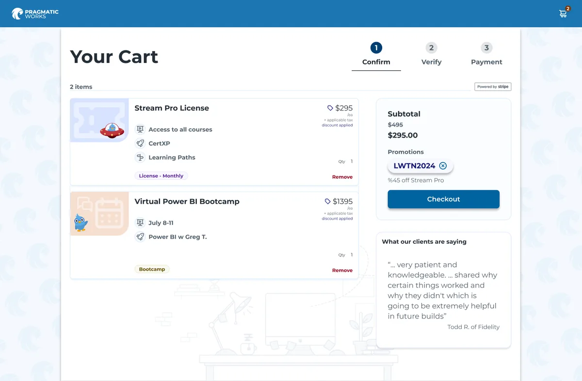 Redesigned cart page showing a 3-step checkout progress indicator, multi-item order summary with coupon discount applied, Stripe-powered payment badge, and a customer testimonial sidebar — the shipped after state