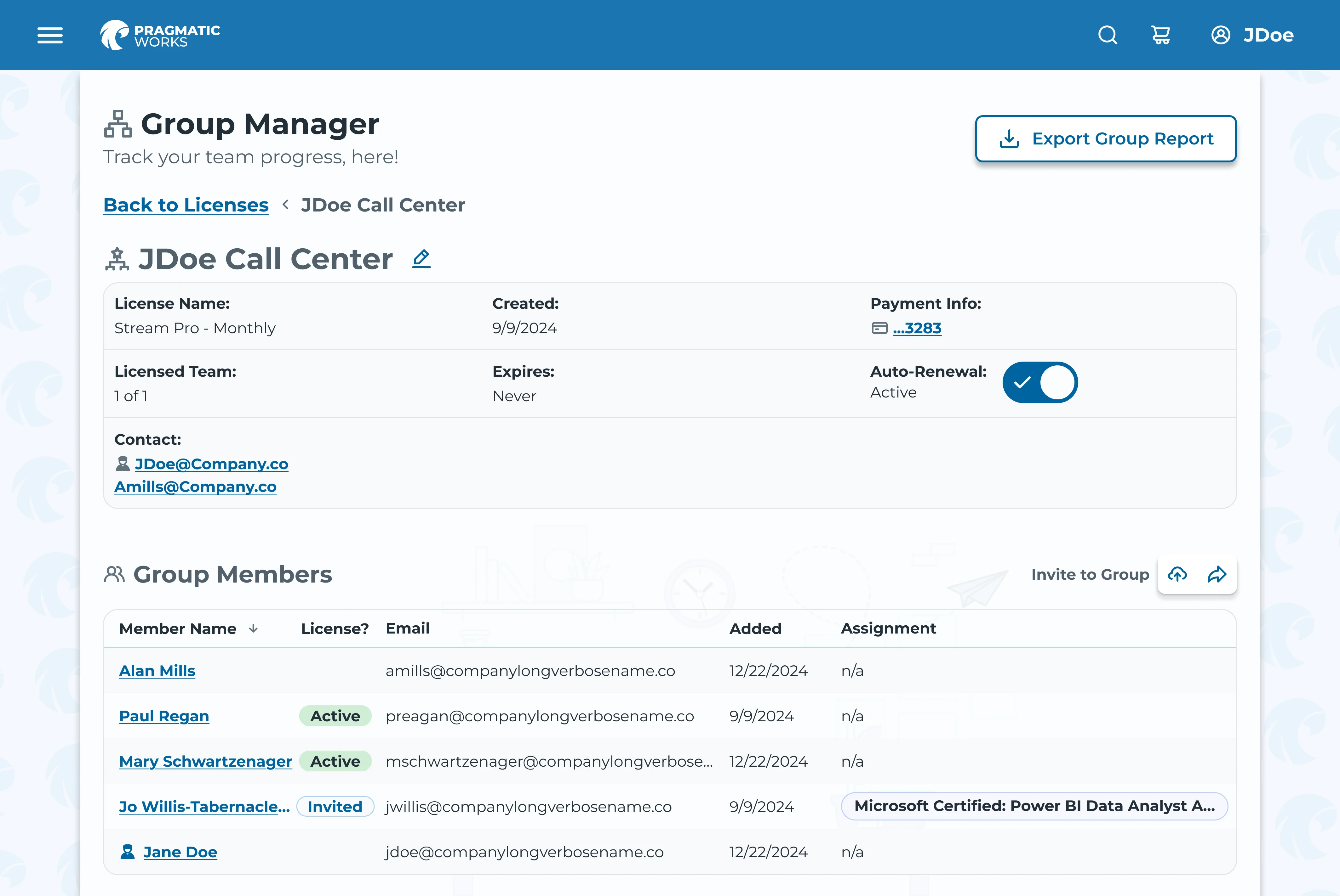 Group Manager detail view showing an explicit Invited member state alongside Active licenses — a license lifecycle distinction that the OOUX process surfaced and the original UI had never represented
