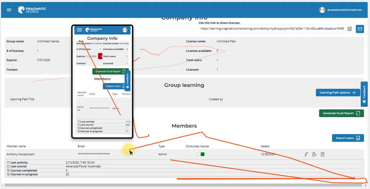 Screenshots of legacy Group Admin page on desktop and mobile, taken from HotJar analytics videos.