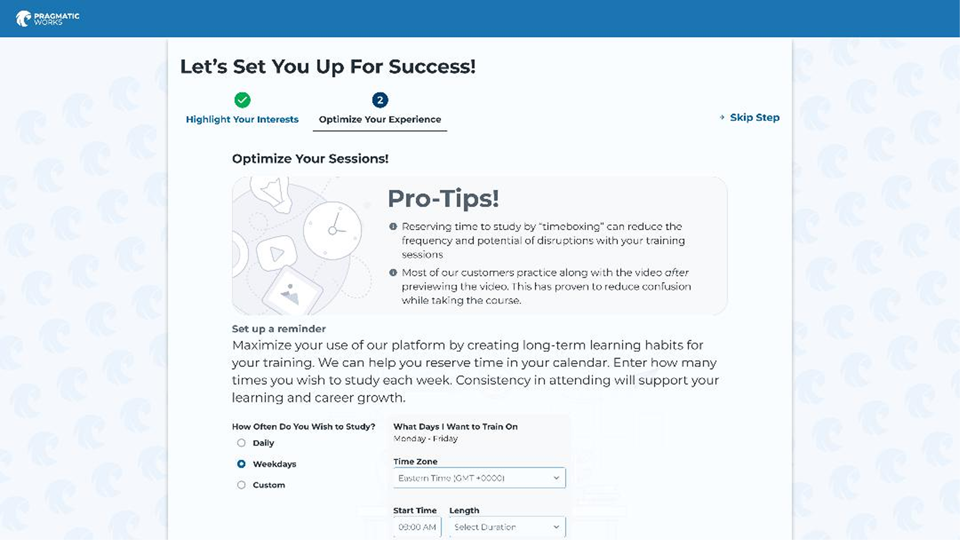 Onboarding flow mockup showing the calendar reminder prompt — a step during account creation where users are invited to schedule a recurring training session and download an ICS file