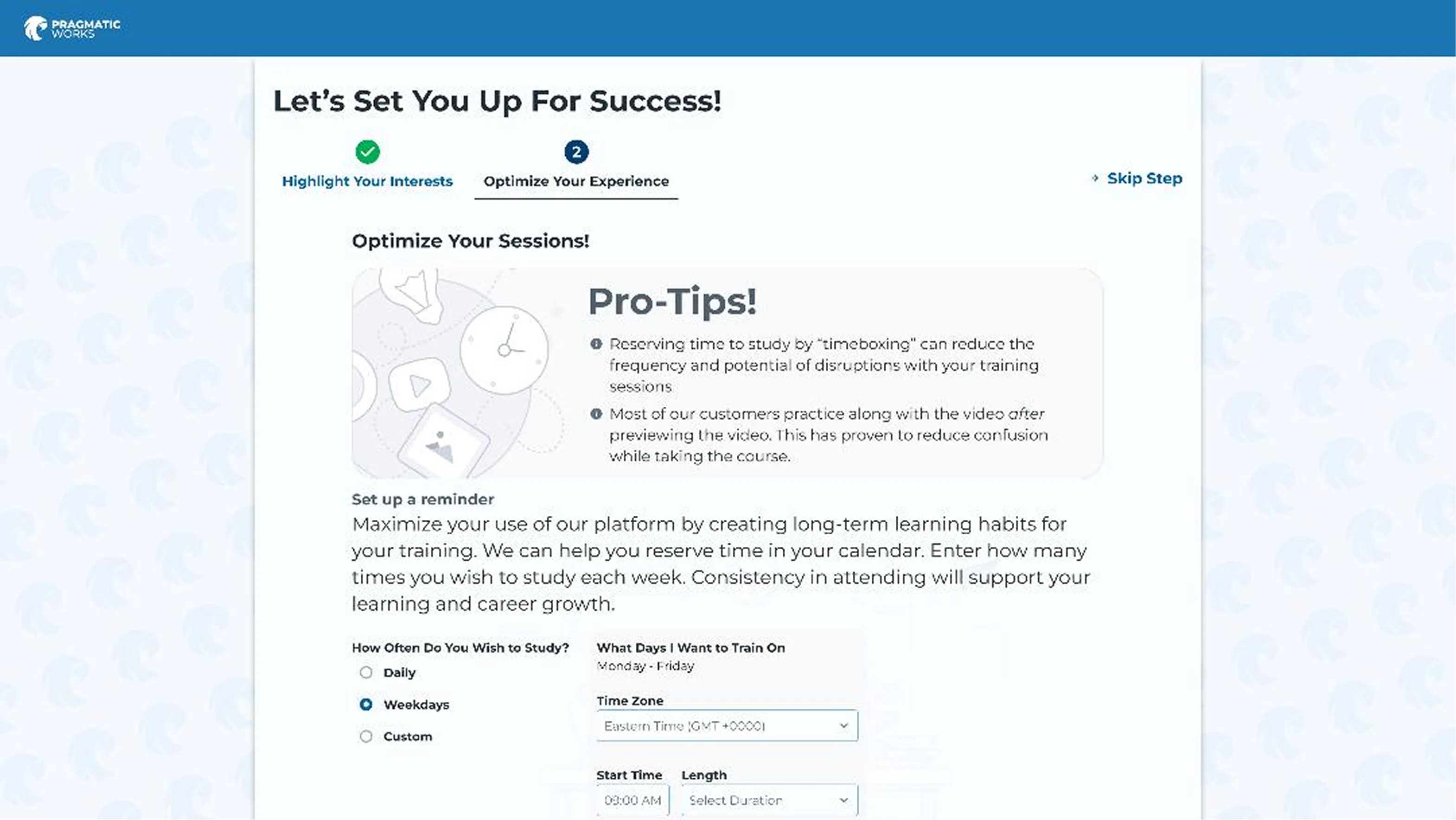 Onboarding flow mockup showing the calendar reminder prompt — a step during account creation where users are invited to schedule a recurring training session and download an ICS file